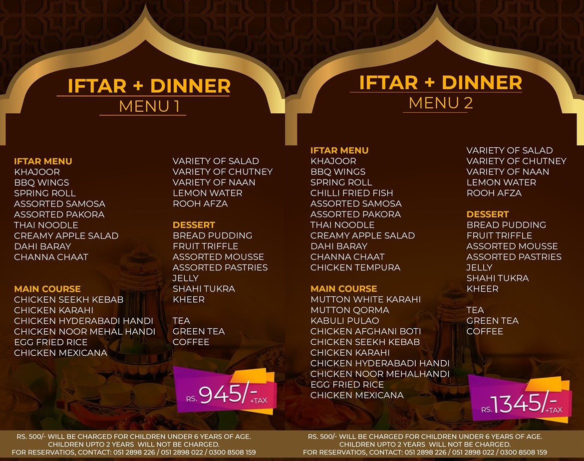 La Montana Iftar + Dinner deals, Menu 1 Rs 945+Tax, Menu 2 Rs 1345